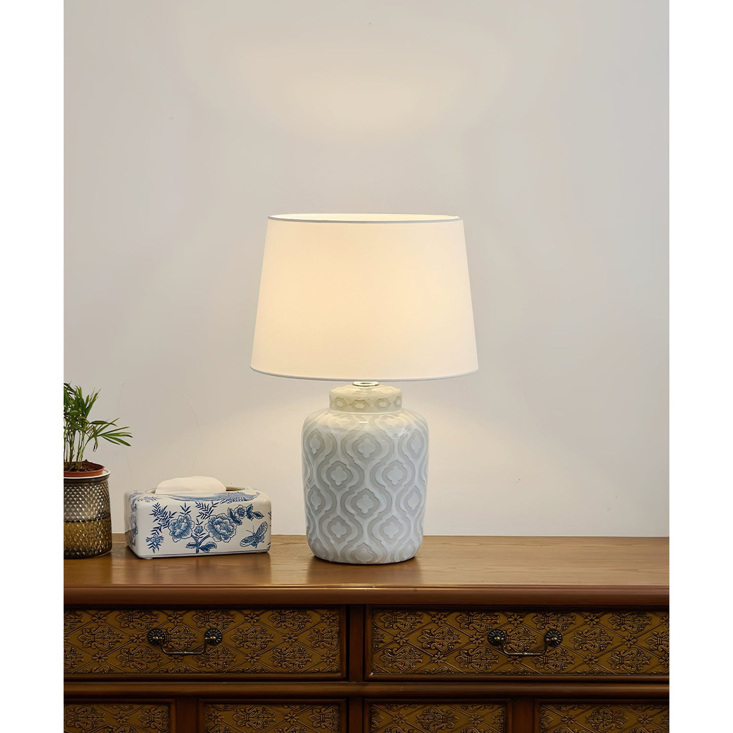 Textured Jar Table Lamp - Ceramic Jar Base Table Light | Tapered Fabric Shade Bedside Lamp