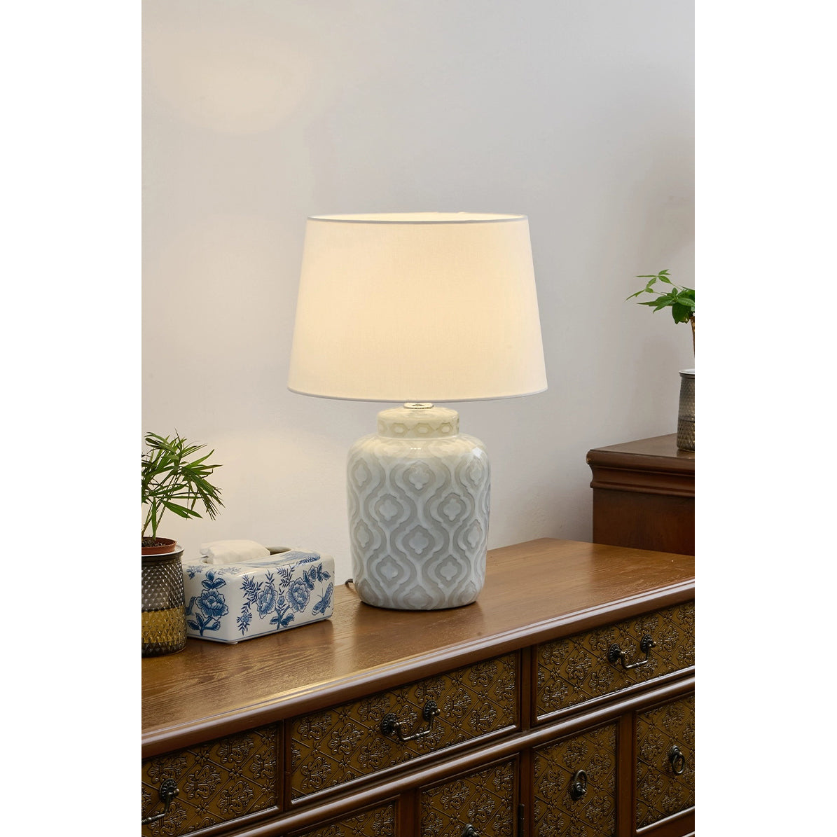 Textured Jar Table Lamp - Ceramic Jar Base Table Light | Tapered Fabric Shade Bedside Lamp