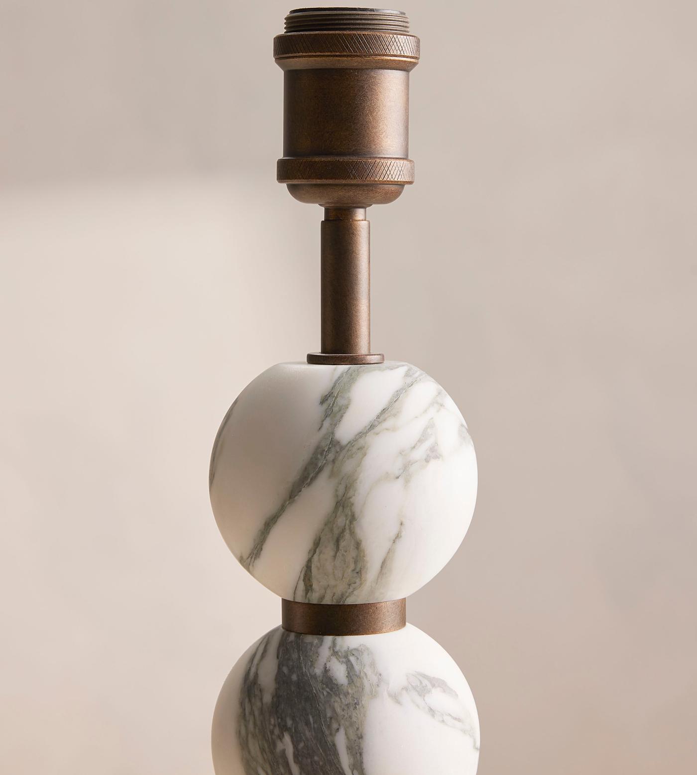 Thelma Table Lamp - Turned Arabescato Marble & Natural Linen Lamp | Gold Accent Bedside Table Light