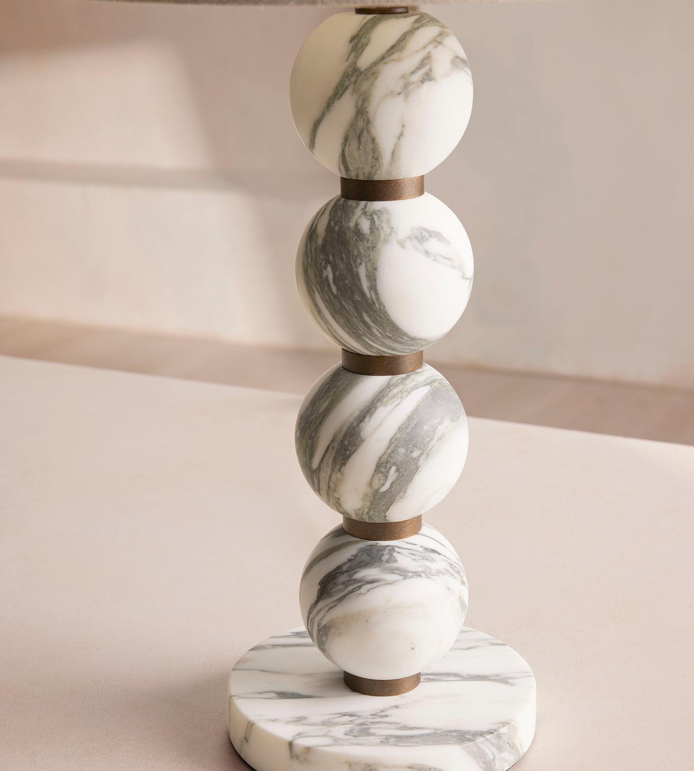Thelma Table Lamp - Turned Arabescato Marble & Natural Linen Lamp | Gold Accent Bedside Table Light