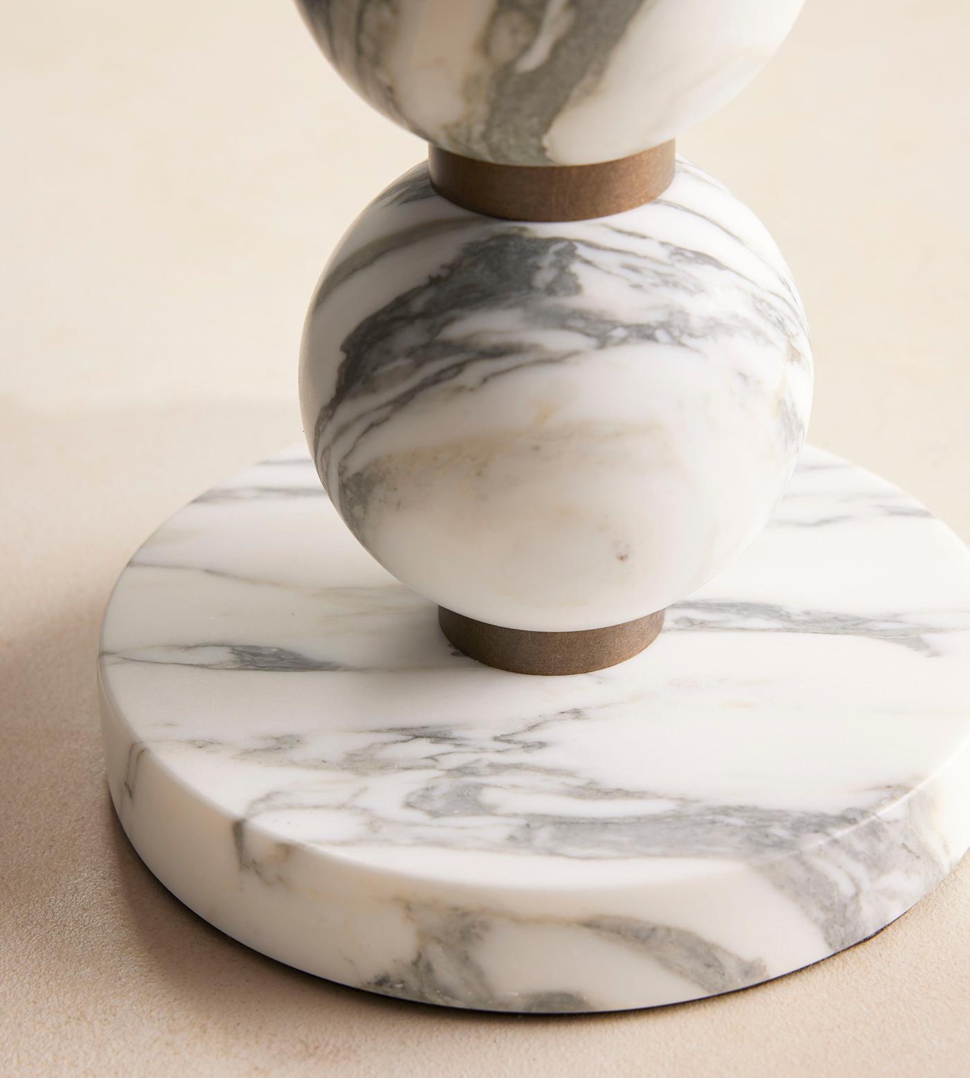 Thelma Table Lamp - Turned Arabescato Marble & Natural Linen Lamp | Gold Accent Bedside Table Light
