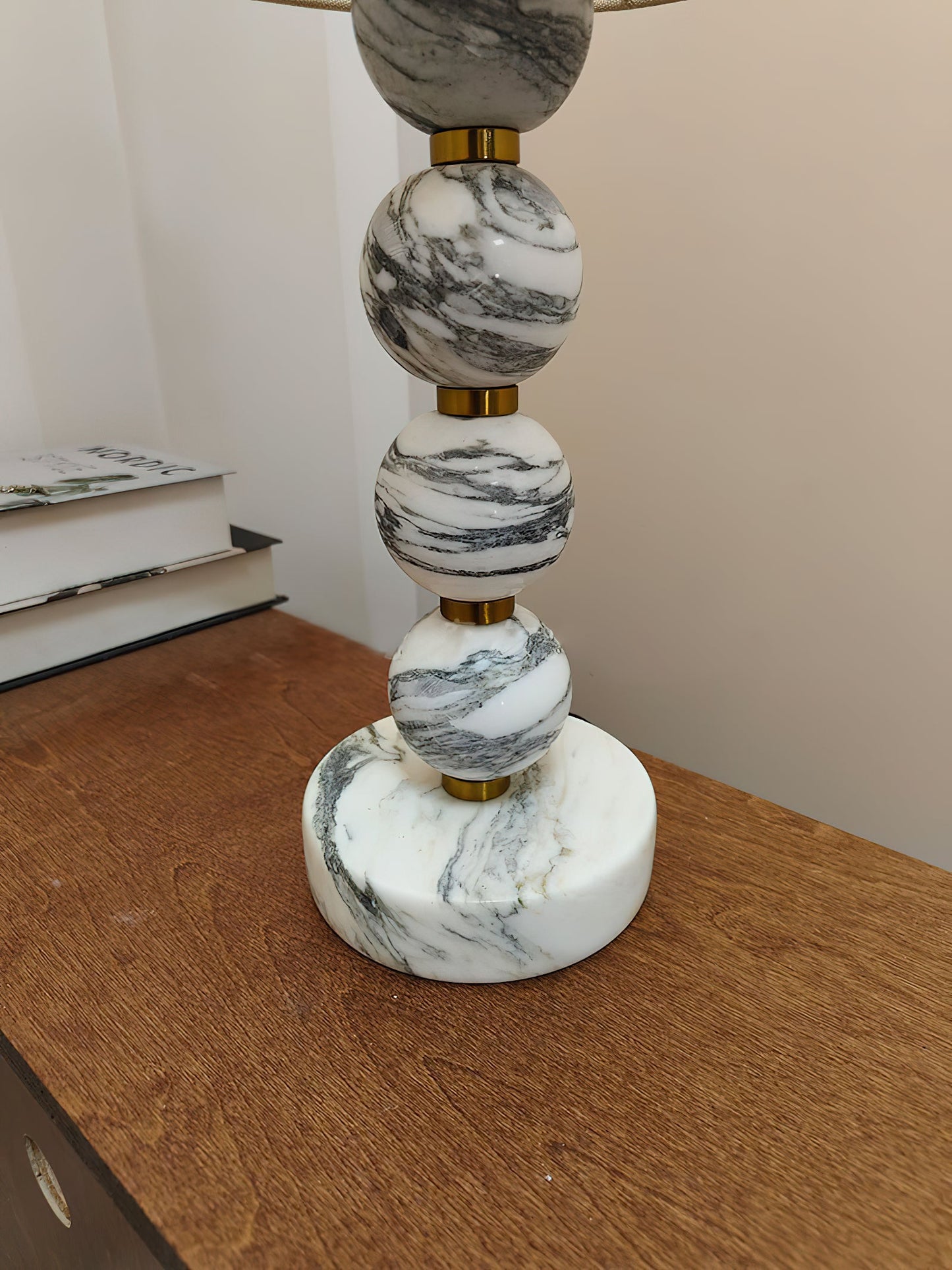 Thelma Table Lamp - Turned Arabescato Marble & Natural Linen Lamp | Gold Accent Bedside Table Light