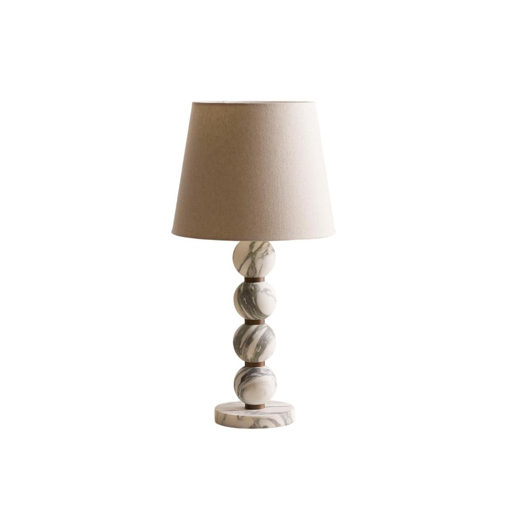 Thelma Table Lamp - Turned Arabescato Marble & Natural Linen Lamp | Gold Accent Bedside Table Light
