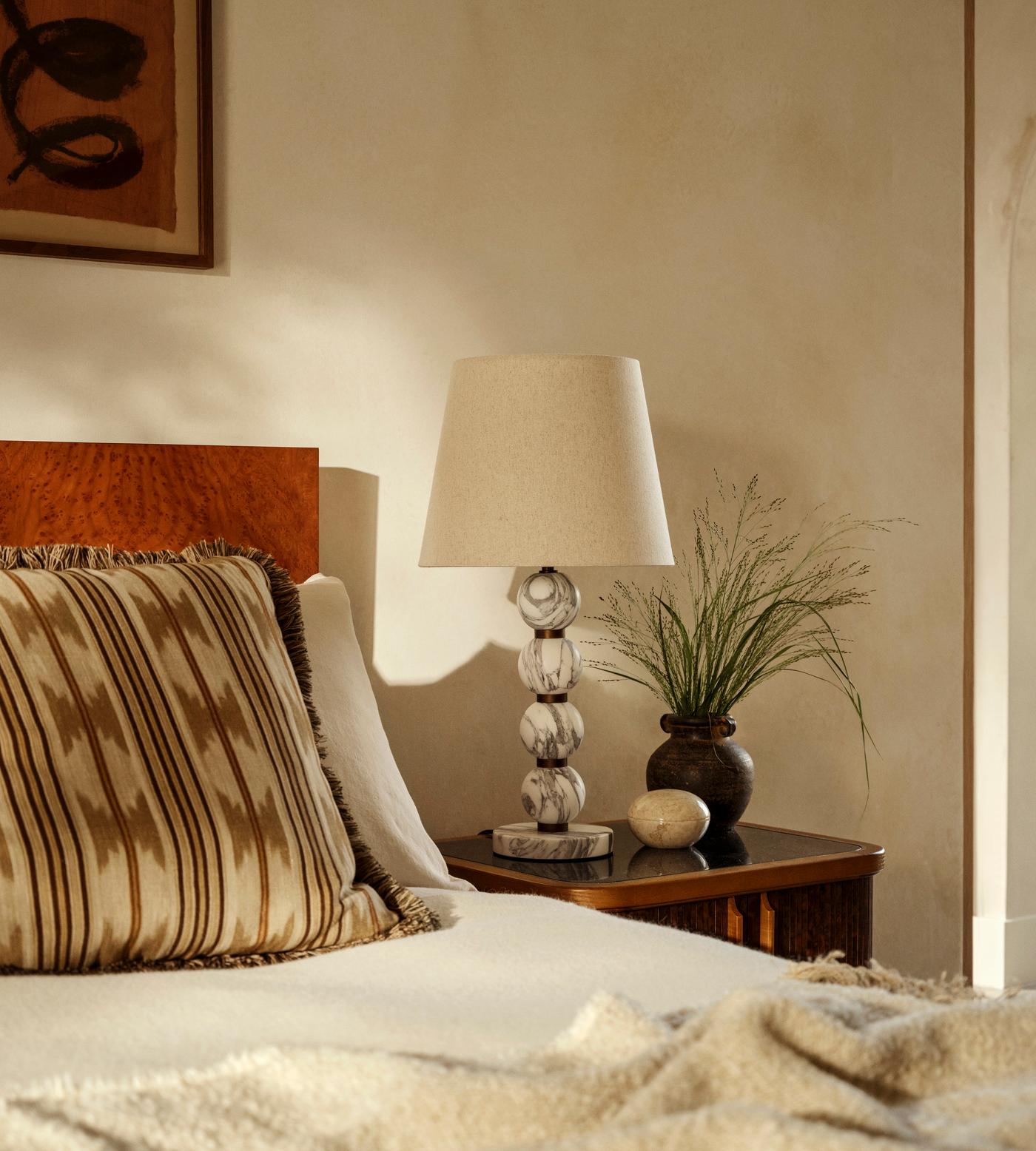 Thelma Table Lamp - Turned Arabescato Marble & Natural Linen Lamp | Gold Accent Bedside Table Light