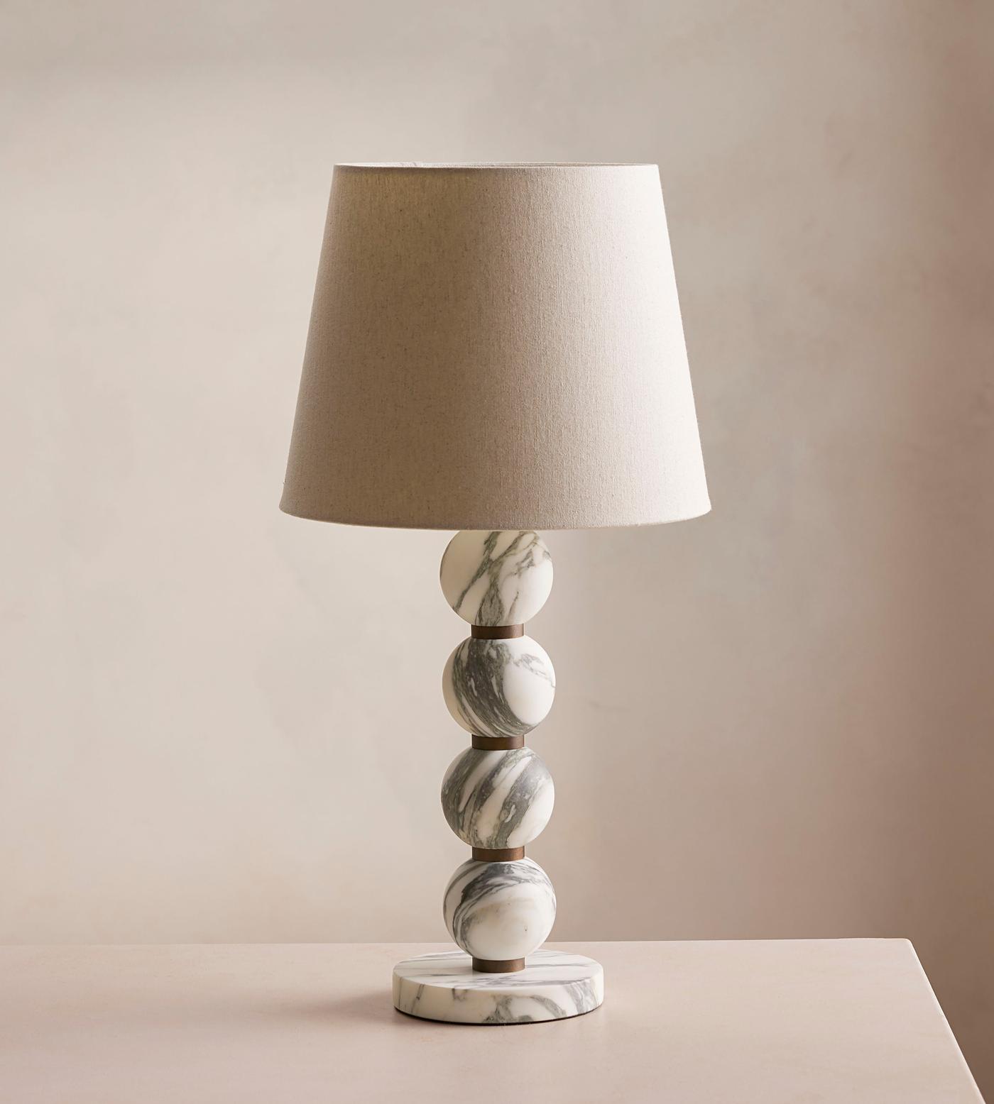 Thelma Table Lamp - Turned Arabescato Marble & Natural Linen Lamp | Gold Accent Bedside Table Light