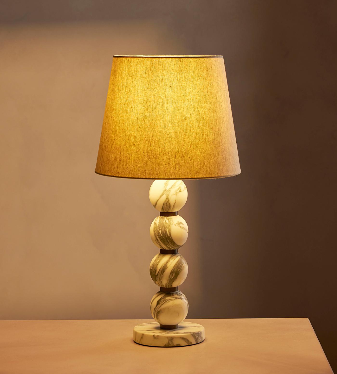Thelma Table Lamp - Turned Arabescato Marble & Natural Linen Lamp | Gold Accent Bedside Table Light
