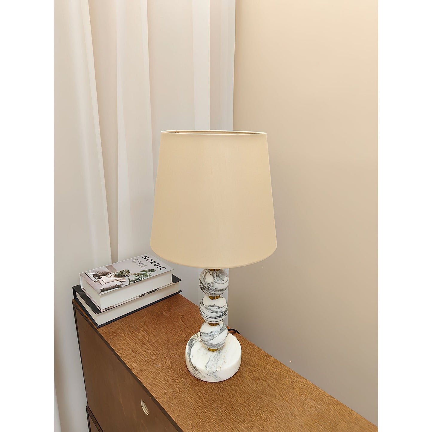 Thelma Table Lamp - Turned Arabescato Marble & Natural Linen Lamp | Gold Accent Bedside Table Light