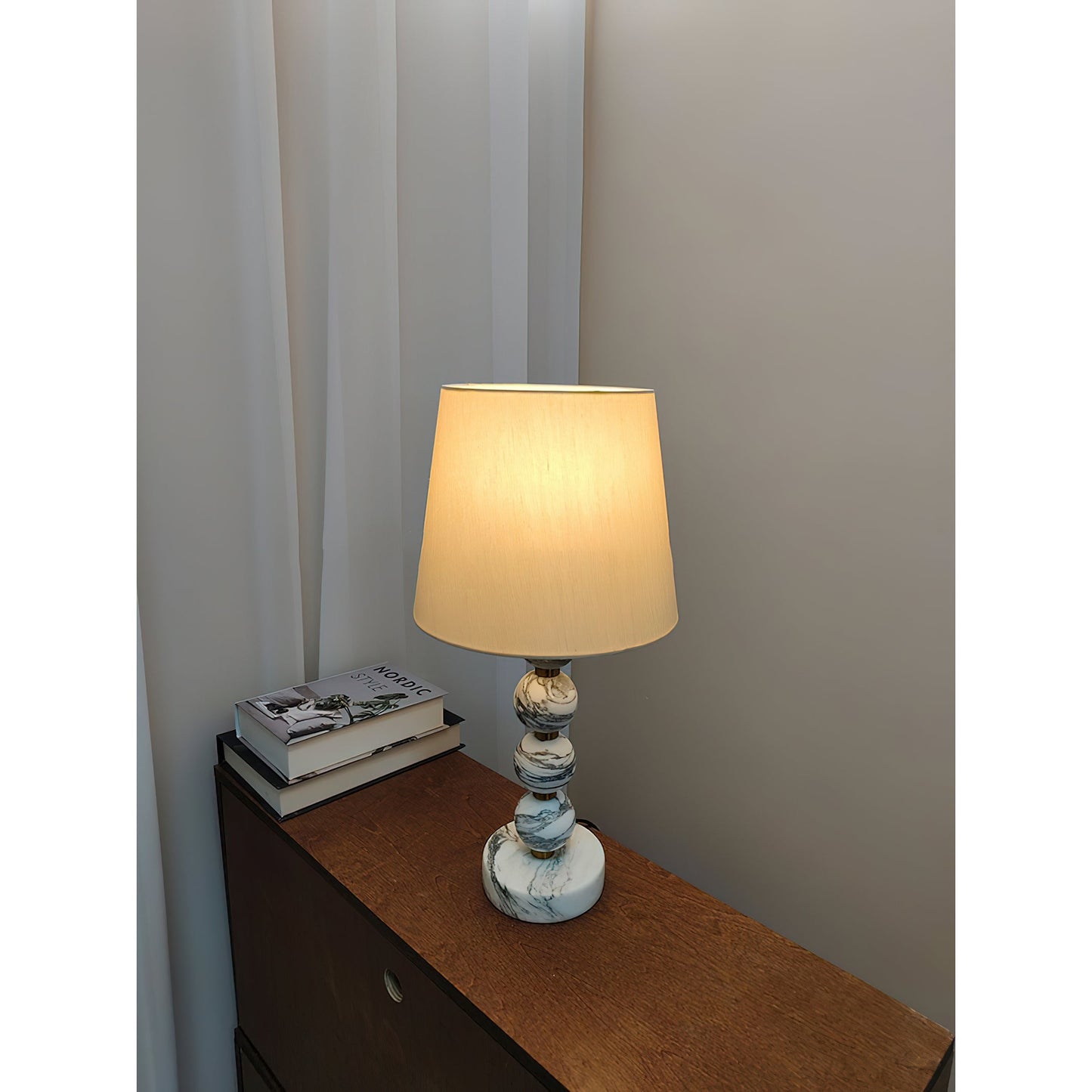 Thelma Table Lamp - Turned Arabescato Marble & Natural Linen Lamp | Gold Accent Bedside Table Light