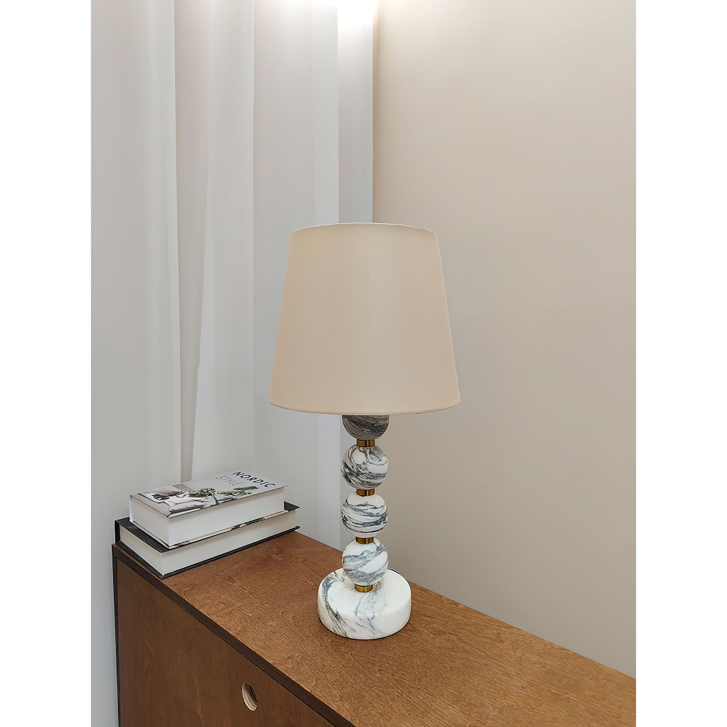 Thelma Table Lamp - Turned Arabescato Marble & Natural Linen Lamp | Gold Accent Bedside Table Light