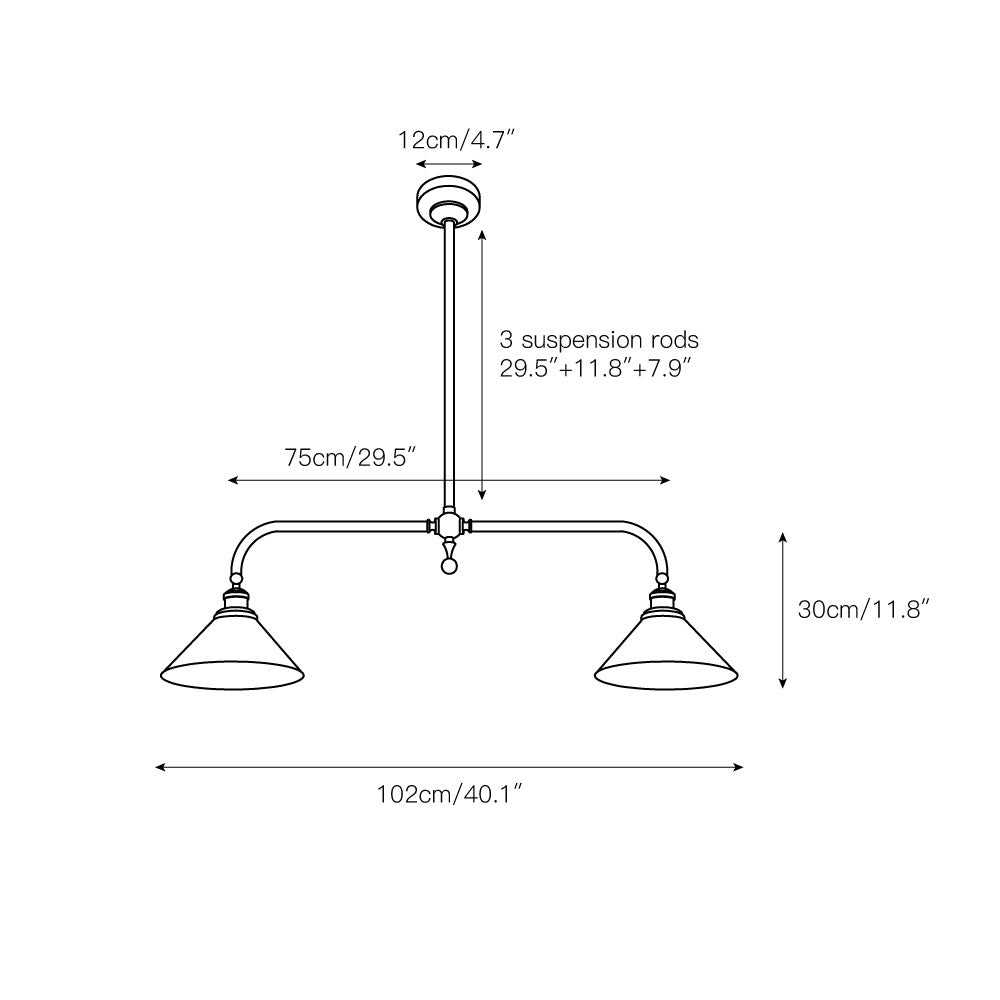Thetford Pendant Light - Solid Brass 2-Head Linear Chandelier | Ceramic & Aluminum Island Pendant