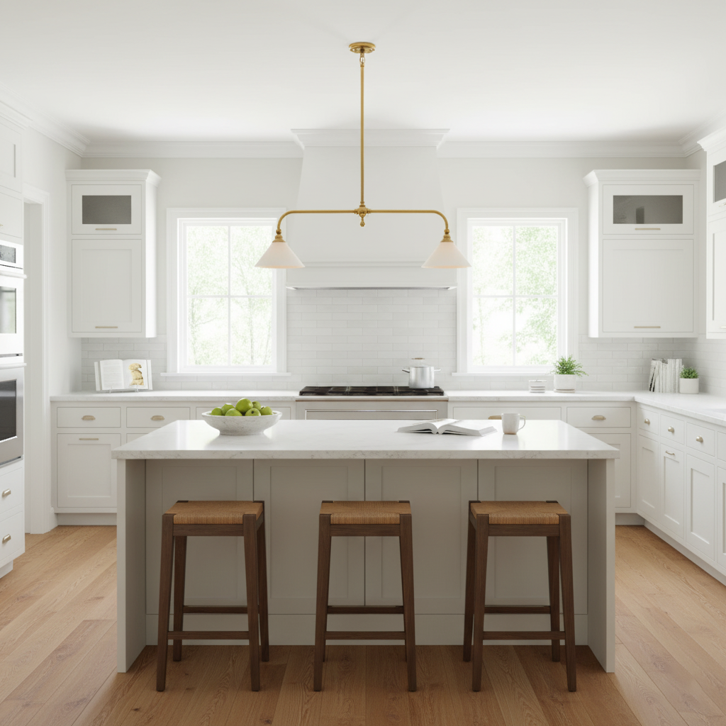 Thetford Pendant Light - Solid Brass 2-Head Linear Chandelier | Ceramic & Aluminum Island Pendant