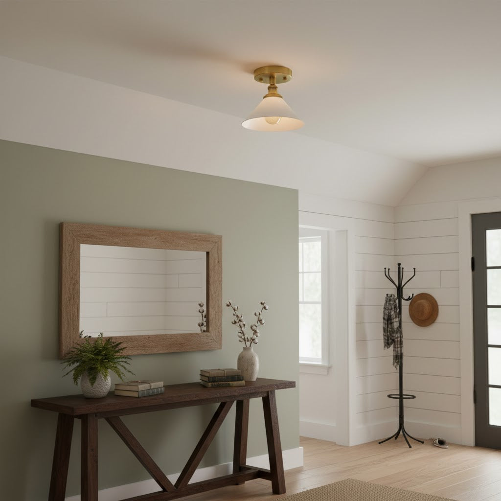 Thetford Ceiling Lamp - Classic Brass & Ceramic Flush Mount | Low-Ceiling Entryway & Hallway Light
