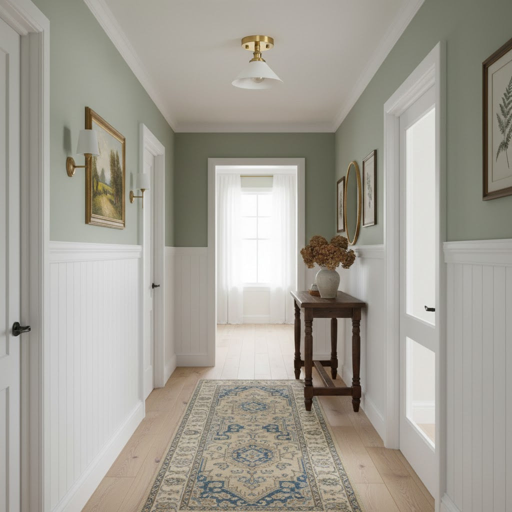 Thetford Ceiling Lamp - Classic Brass & Ceramic Flush Mount | Low-Ceiling Entryway & Hallway Light