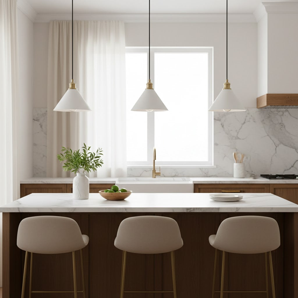 Thetford Pendant Lamp - Single Brass & Ceramic Pendant Light | Modern Vintage Kitchen Island Light