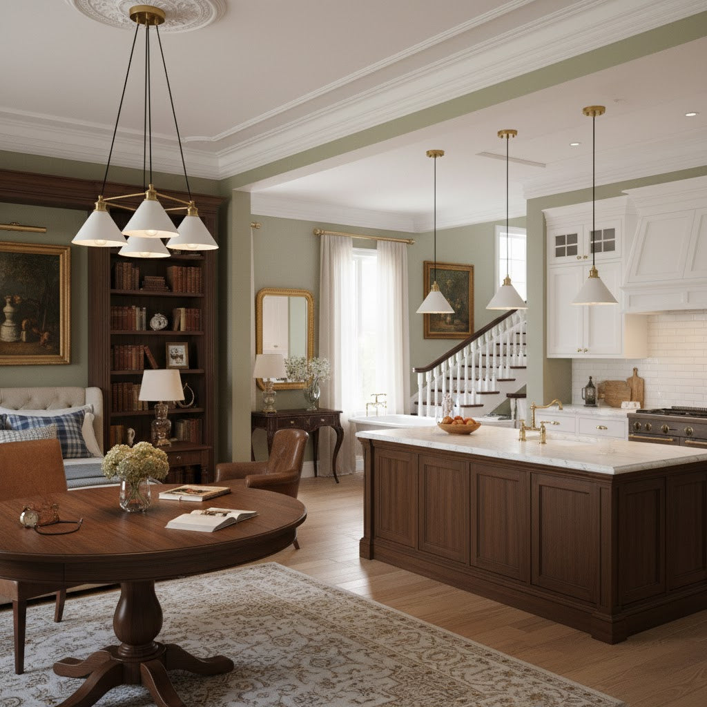 Thetford Pendant Lamp - Single Brass & Ceramic Pendant Light | Modern Vintage Kitchen Island Light