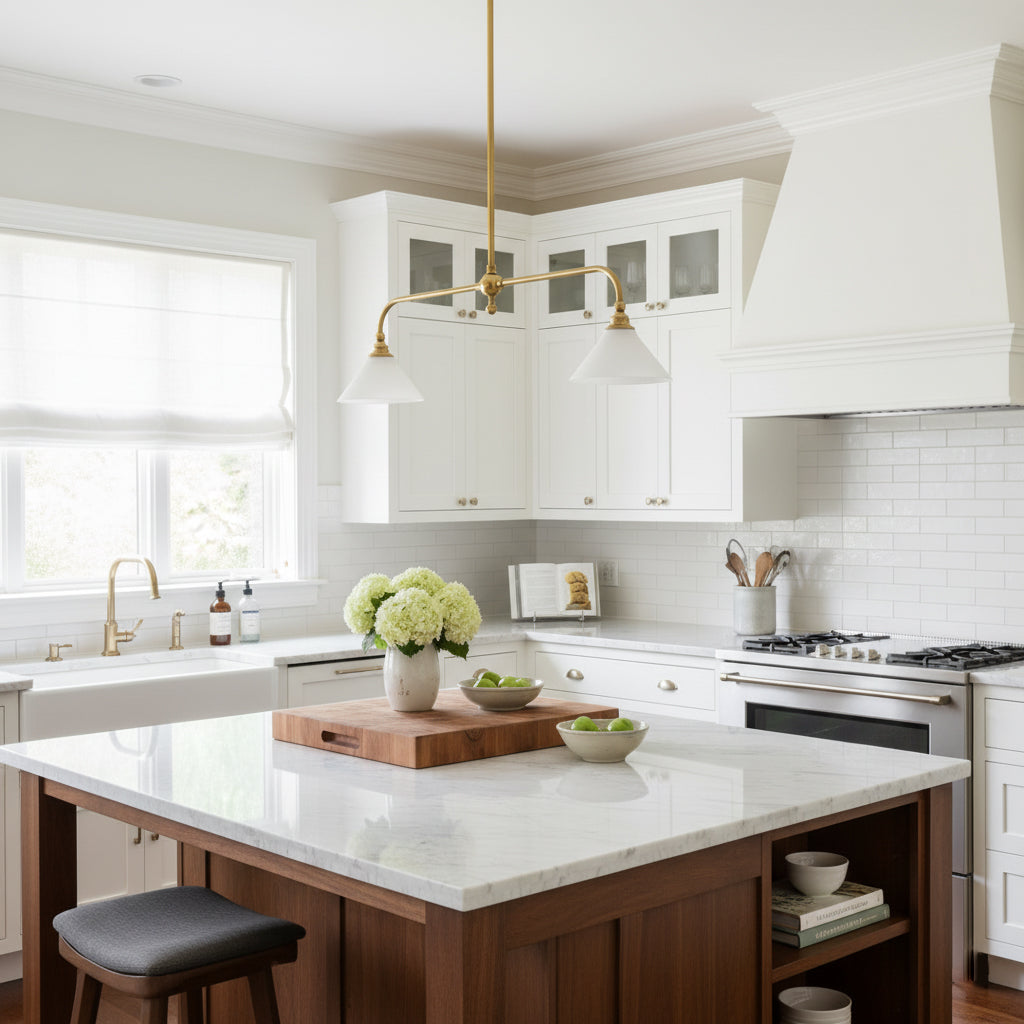 Thetford Pendant Light - Solid Brass 2-Head Linear Chandelier | Ceramic & Aluminum Island Pendant