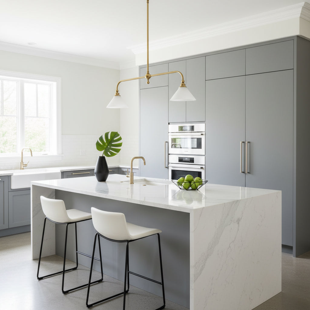 Thetford Pendant Light - Solid Brass 2-Head Linear Chandelier | Ceramic & Aluminum Island Pendant