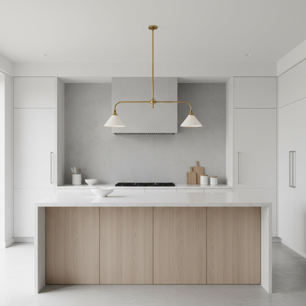 Thetford Pendant Light - Solid Brass 2-Head Linear Chandelier | Ceramic & Aluminum Island Pendant