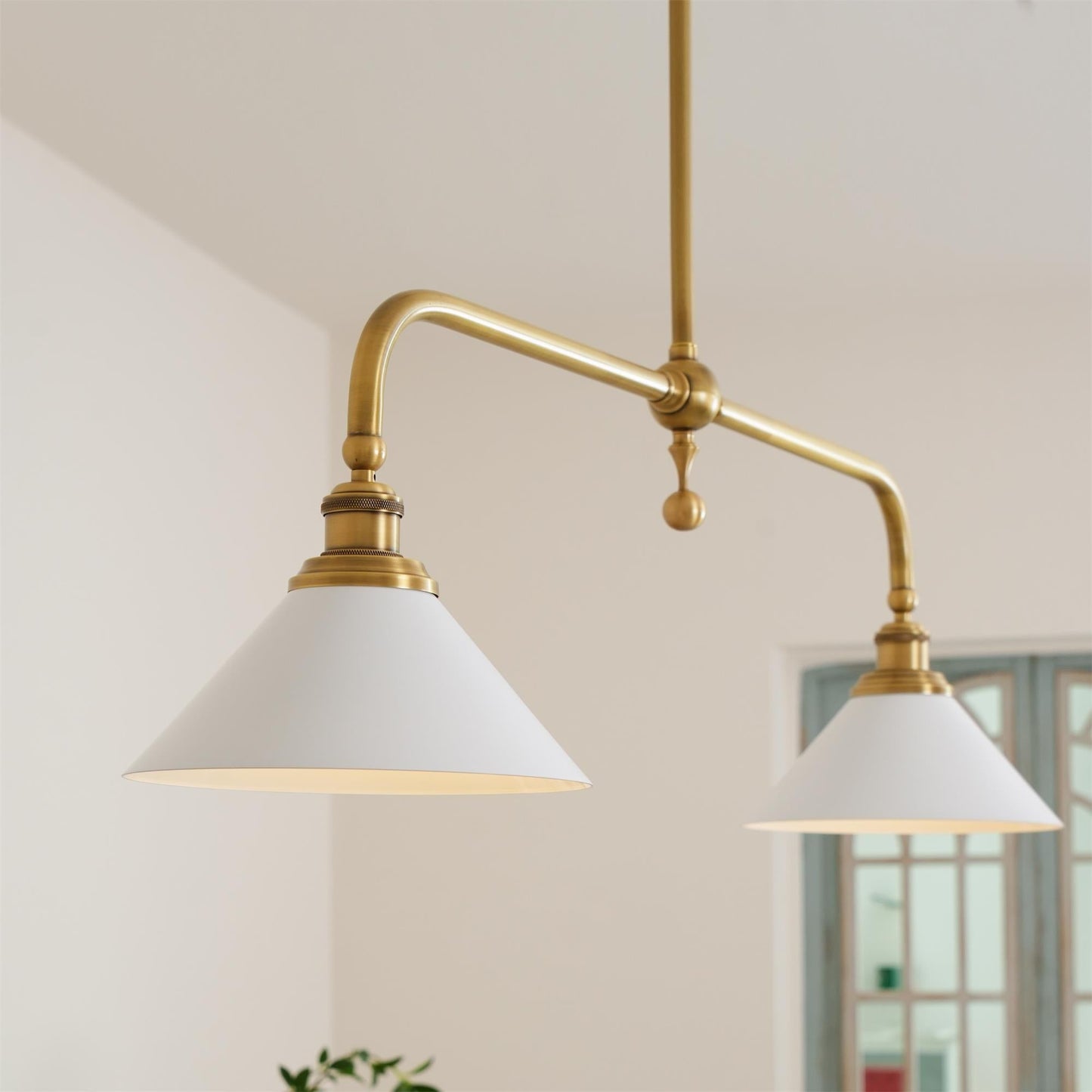 Thetford Pendant Light - Solid Brass 2-Head Linear Chandelier | Ceramic & Aluminum Island Pendant