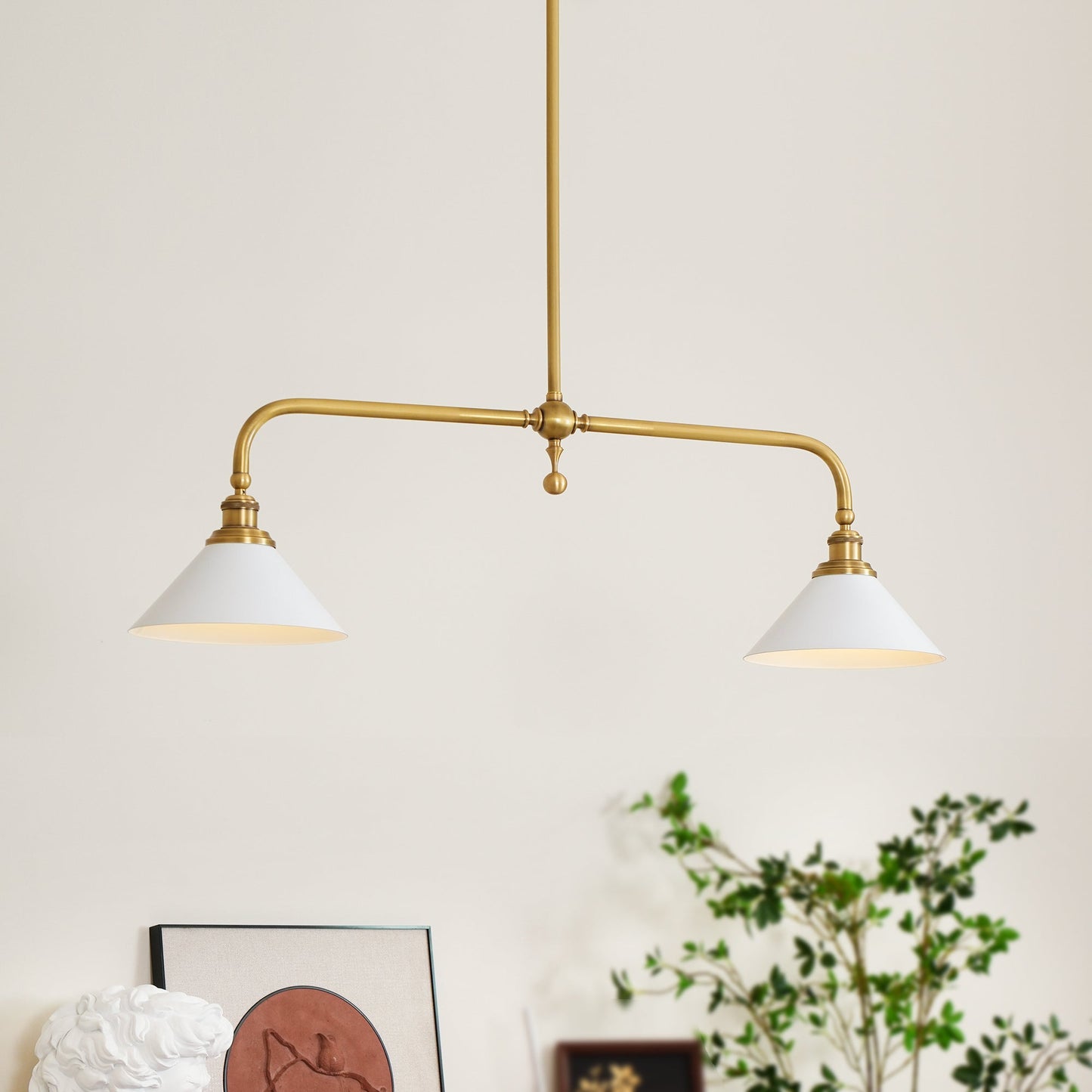 Thetford Pendant Light - Solid Brass 2-Head Linear Chandelier | Ceramic & Aluminum Island Pendant