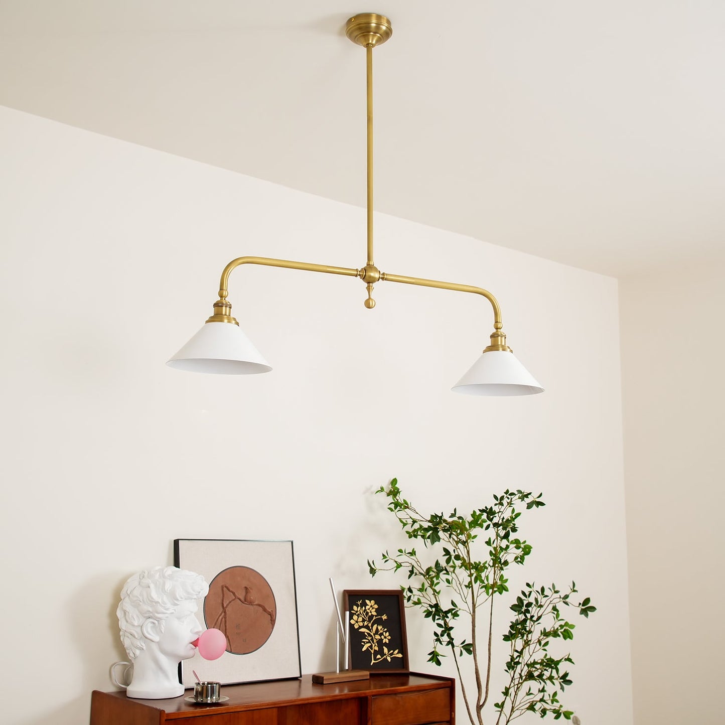 Thetford Pendant Light - Solid Brass 2-Head Linear Chandelier | Ceramic & Aluminum Island Pendant