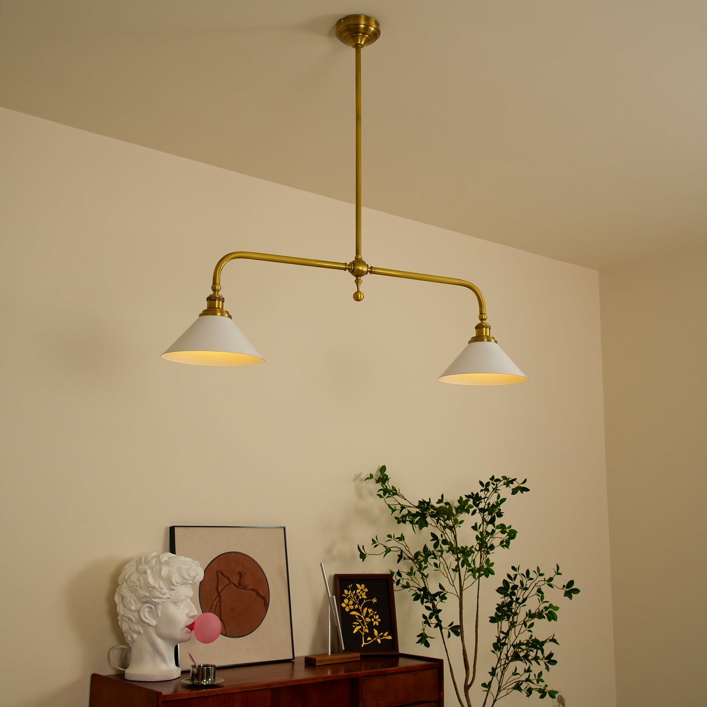 Thetford Pendant Light - Solid Brass 2-Head Linear Chandelier | Ceramic & Aluminum Island Pendant