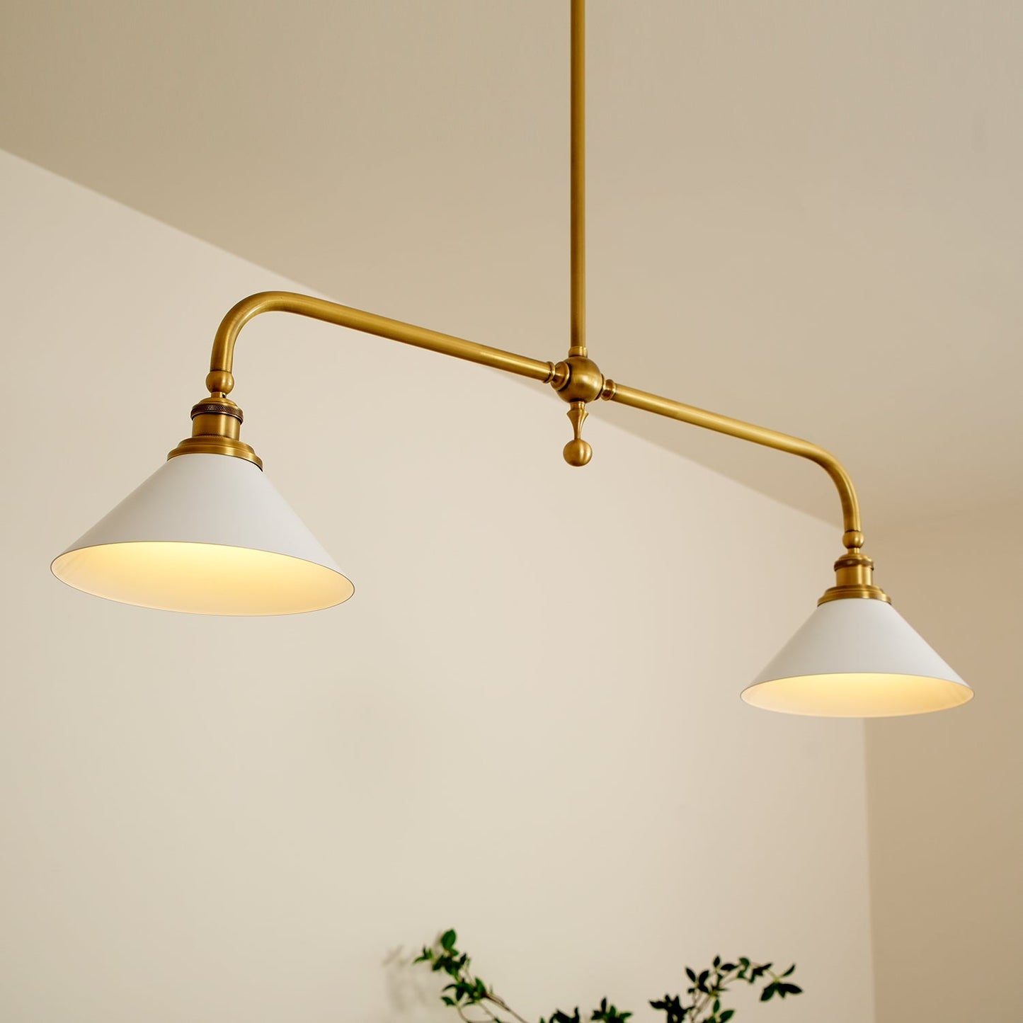 Thetford Pendant Light - Solid Brass 2-Head Linear Chandelier | Ceramic & Aluminum Island Pendant