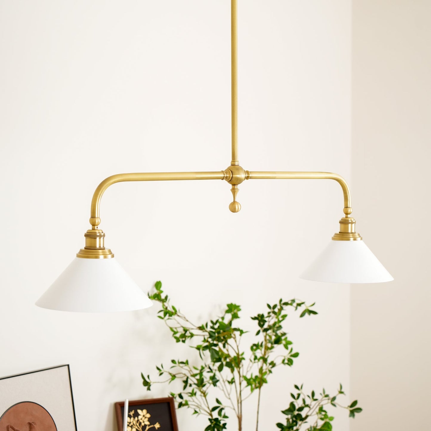 Thetford Pendant Light - Solid Brass 2-Head Linear Chandelier | Ceramic & Aluminum Island Pendant