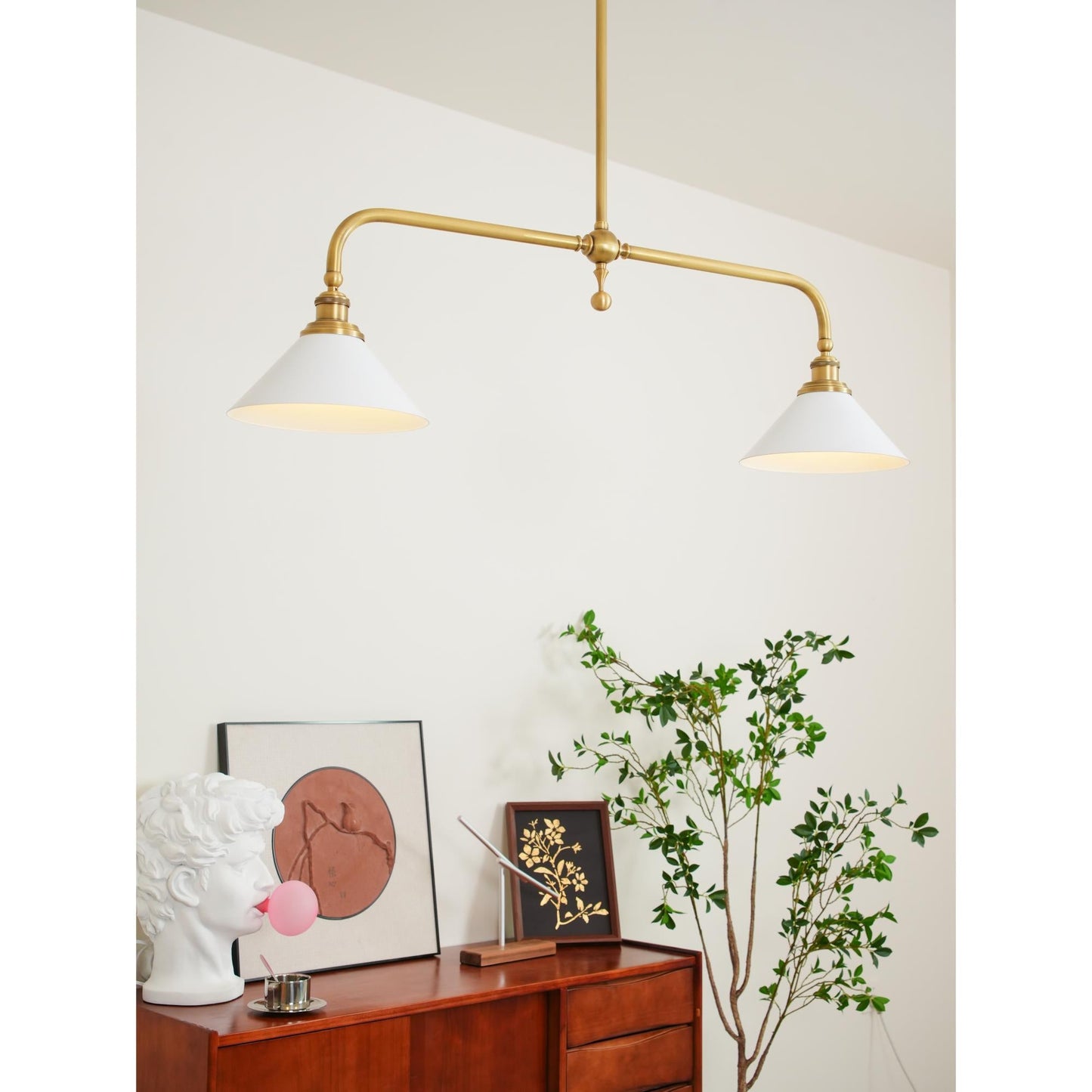 Thetford Pendant Light - Solid Brass 2-Head Linear Chandelier | Ceramic & Aluminum Island Pendant