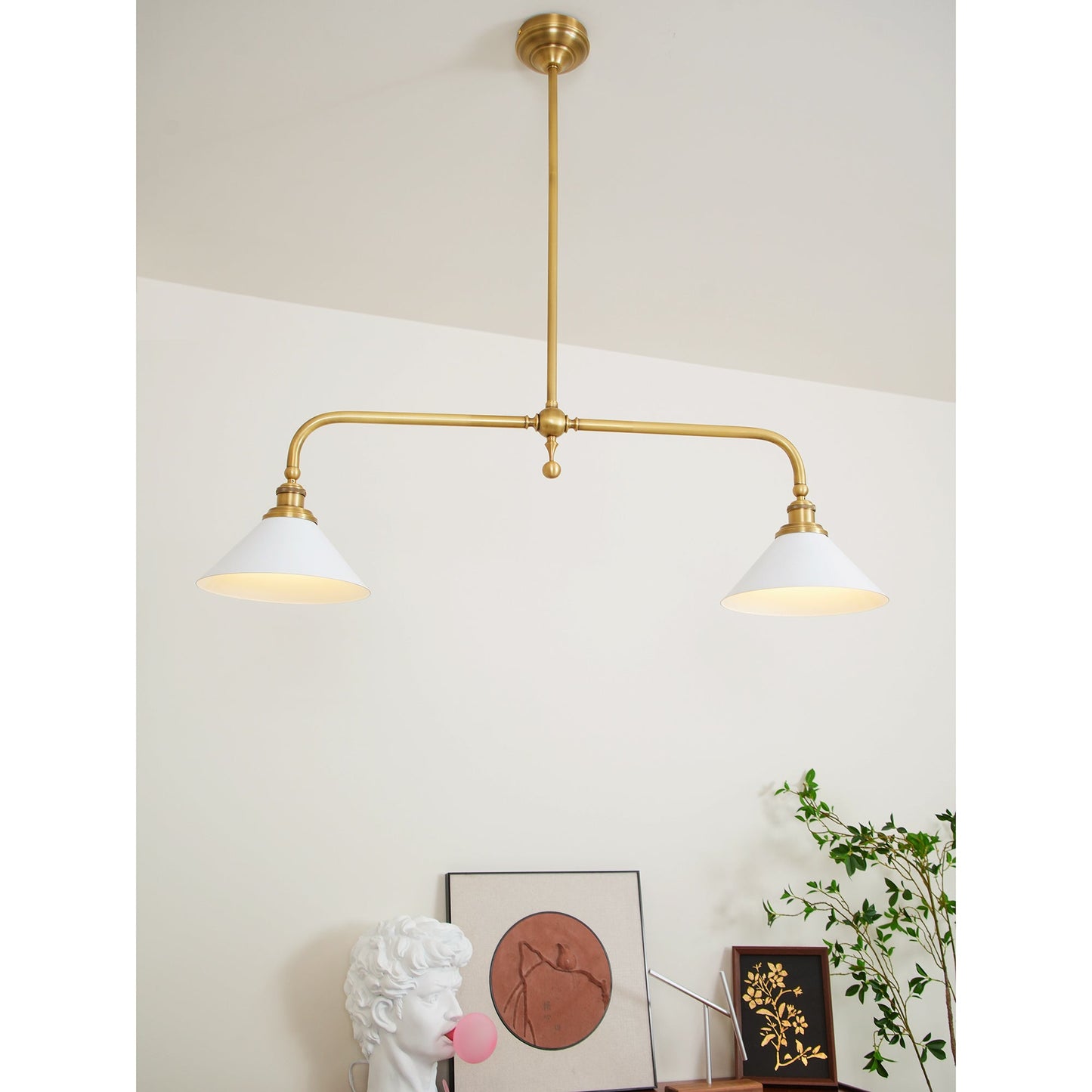 Thetford Pendant Light - Solid Brass 2-Head Linear Chandelier | Ceramic & Aluminum Island Pendant