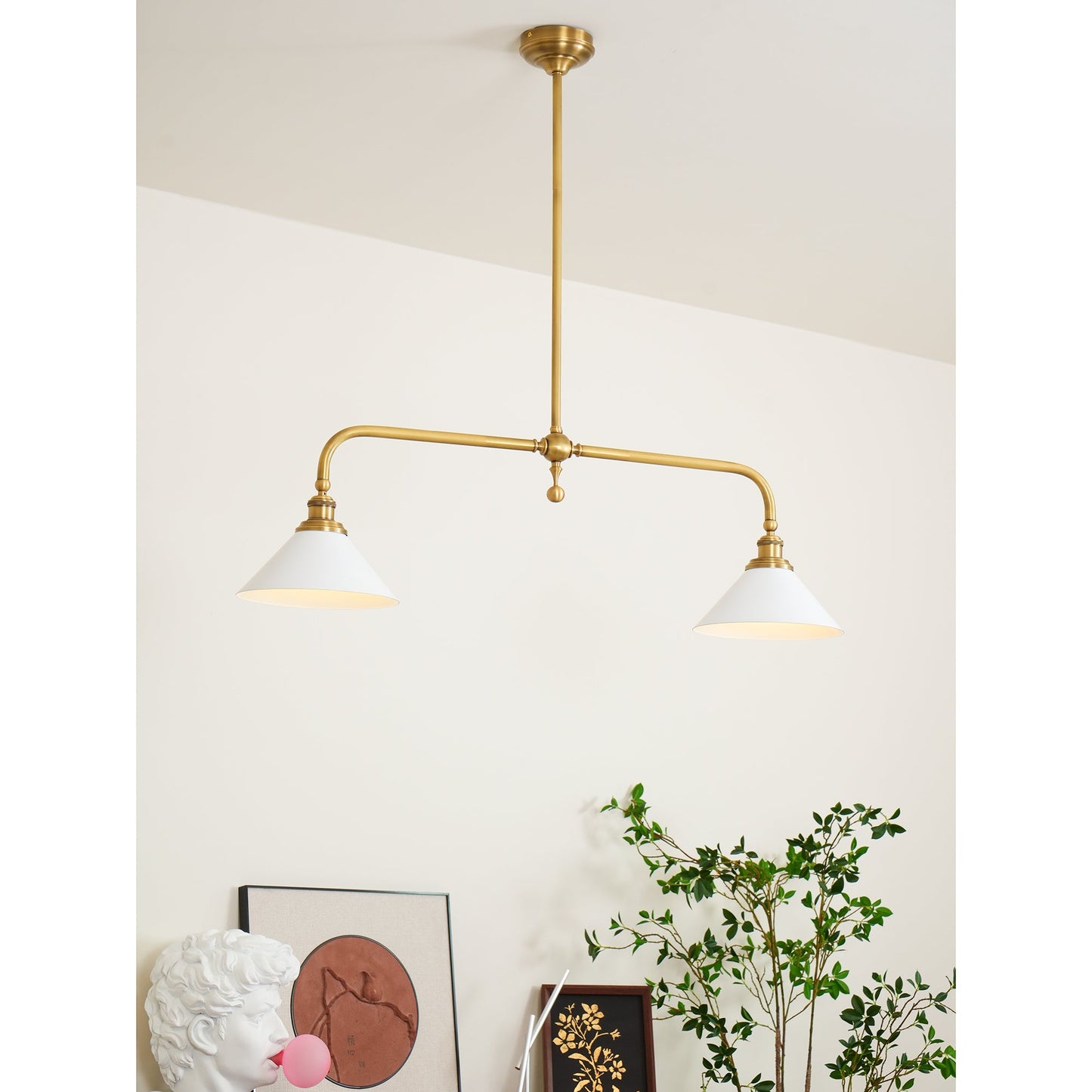 Thetford Pendant Light - Solid Brass 2-Head Linear Chandelier | Ceramic & Aluminum Island Pendant