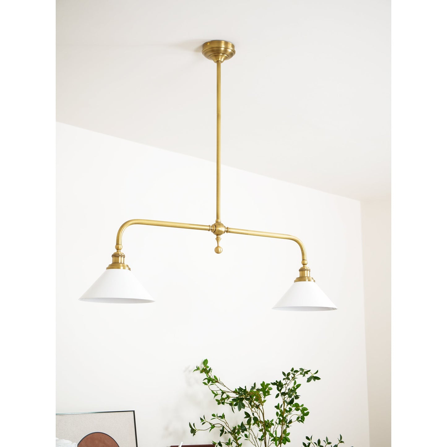 Thetford Pendant Light - Solid Brass 2-Head Linear Chandelier | Ceramic & Aluminum Island Pendant