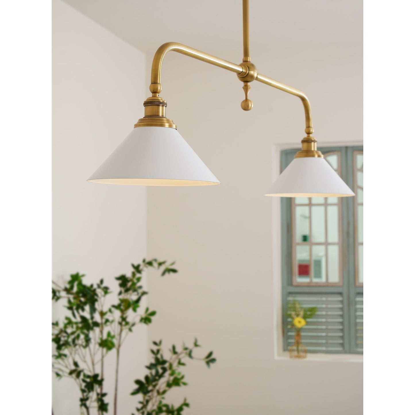 Thetford Pendant Light - Solid Brass 2-Head Linear Chandelier | Ceramic & Aluminum Island Pendant