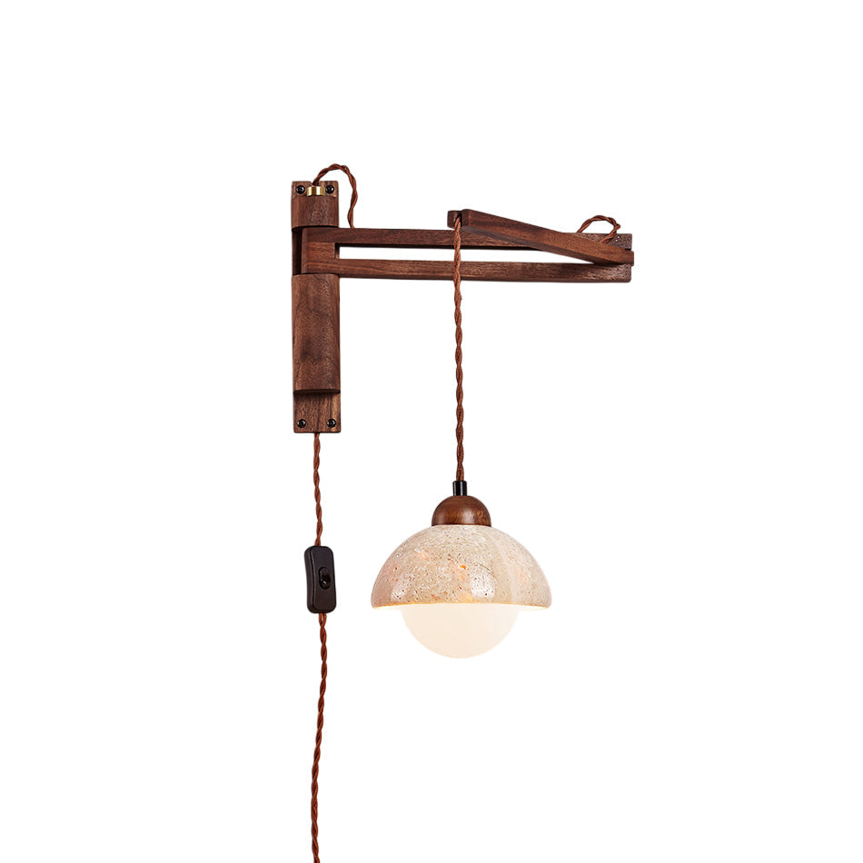 Tia Travertine Swing Arm Plug-in Sconce - Walnut Wood & Stone Wall Lamp | Adjustable Plug-In Reading Light