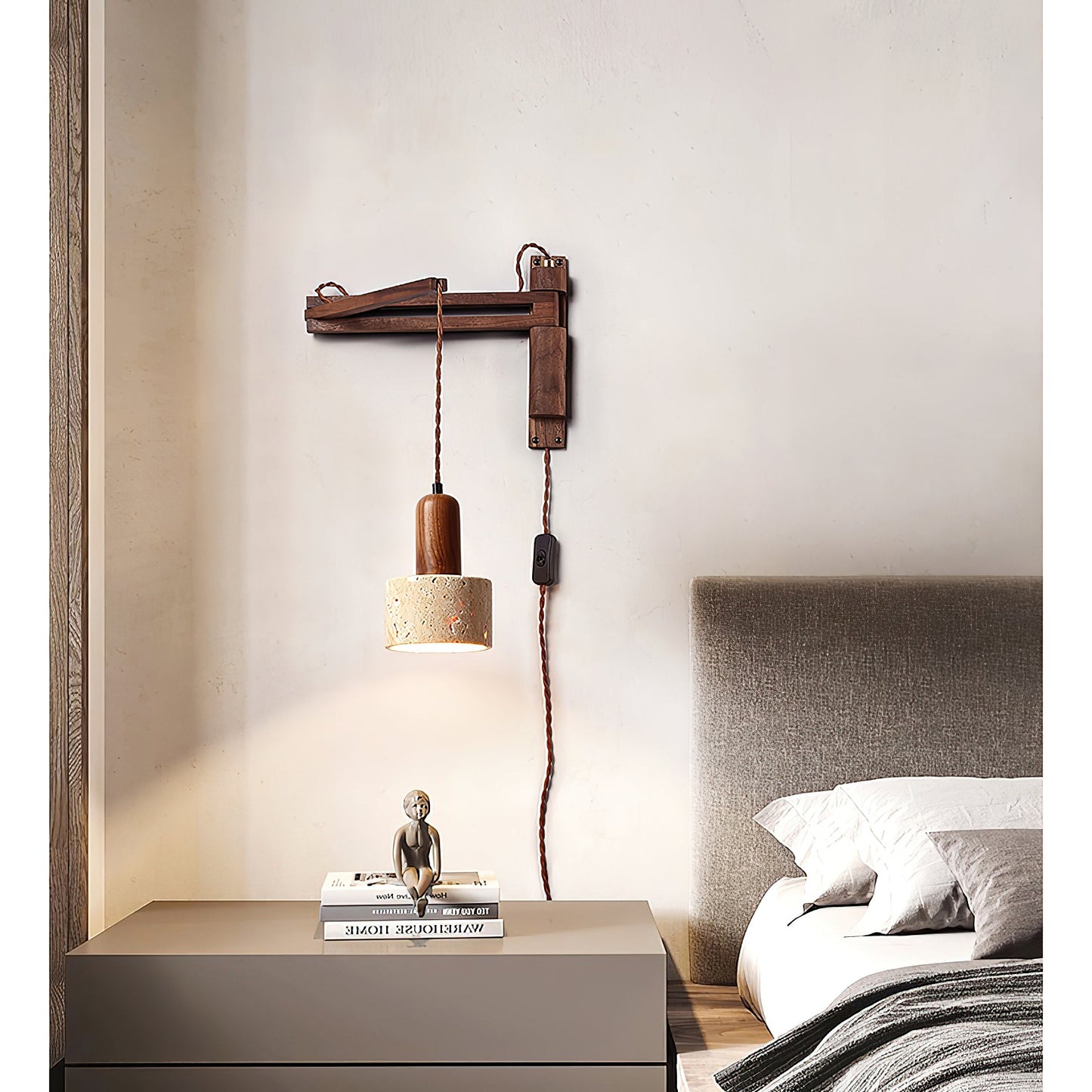 Tia Travertine Swing Arm Plug-in Sconce - Walnut Wood & Stone Wall Lamp | Adjustable Plug-In Reading Light