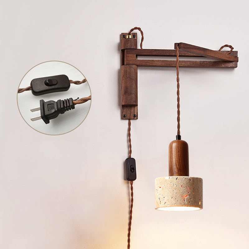 Tia Travertine Swing Arm Plug-in Sconce - Walnut Wood & Stone Wall Lamp | Adjustable Plug-In Reading Light