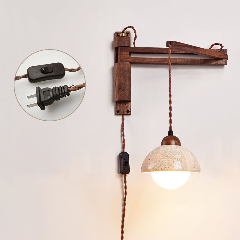 Tia Travertine Swing Arm Plug-in Sconce - Walnut Wood & Stone Wall Lamp | Adjustable Plug-In Reading Light