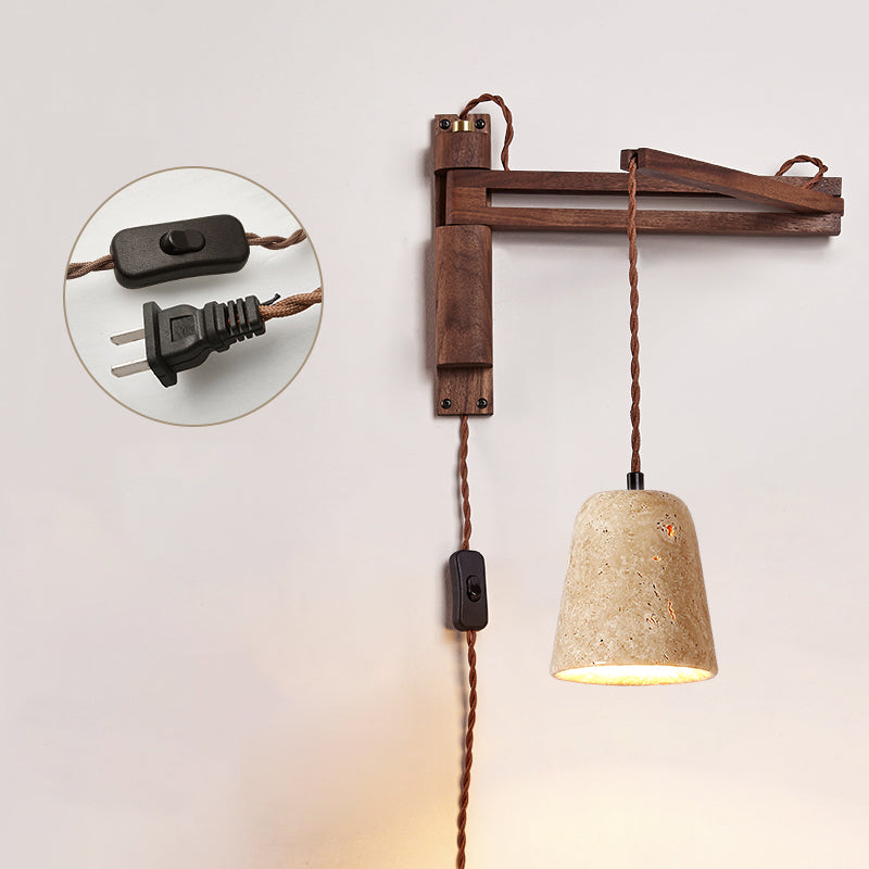 Tia Travertine Swing Arm Plug-in Sconce - Walnut Wood & Stone Wall Lamp | Adjustable Plug-In Reading Light