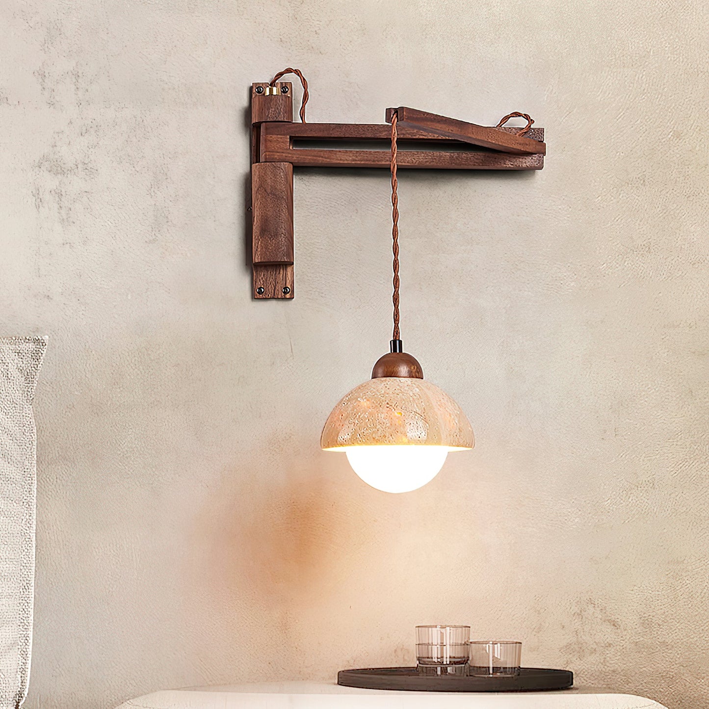 Tia Travertine Swing Arm Plug-in Sconce - Walnut Wood & Stone Wall Lamp | Adjustable Plug-In Reading Light