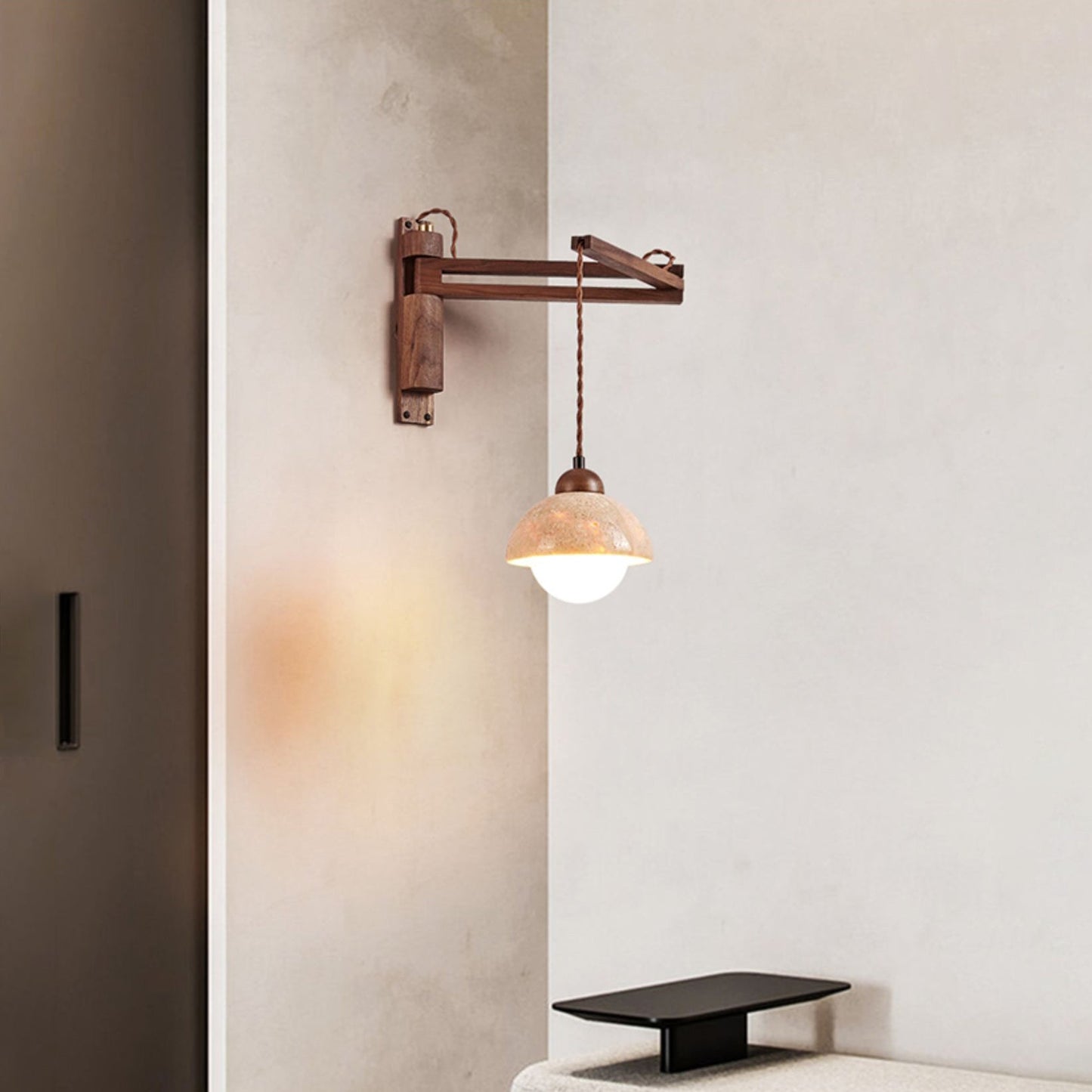 Tia Travertine Swing Arm Plug-in Sconce - Walnut Wood & Stone Wall Lamp | Adjustable Plug-In Reading Light