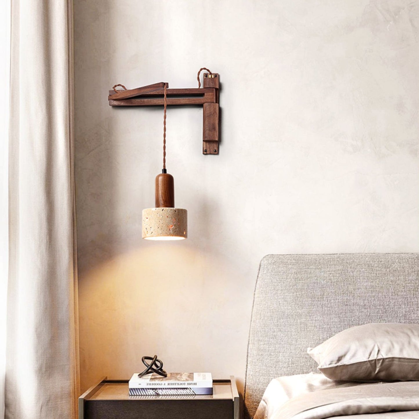 Tia Travertine Swing Arm Plug-in Sconce - Walnut Wood & Stone Wall Lamp | Adjustable Plug-In Reading Light