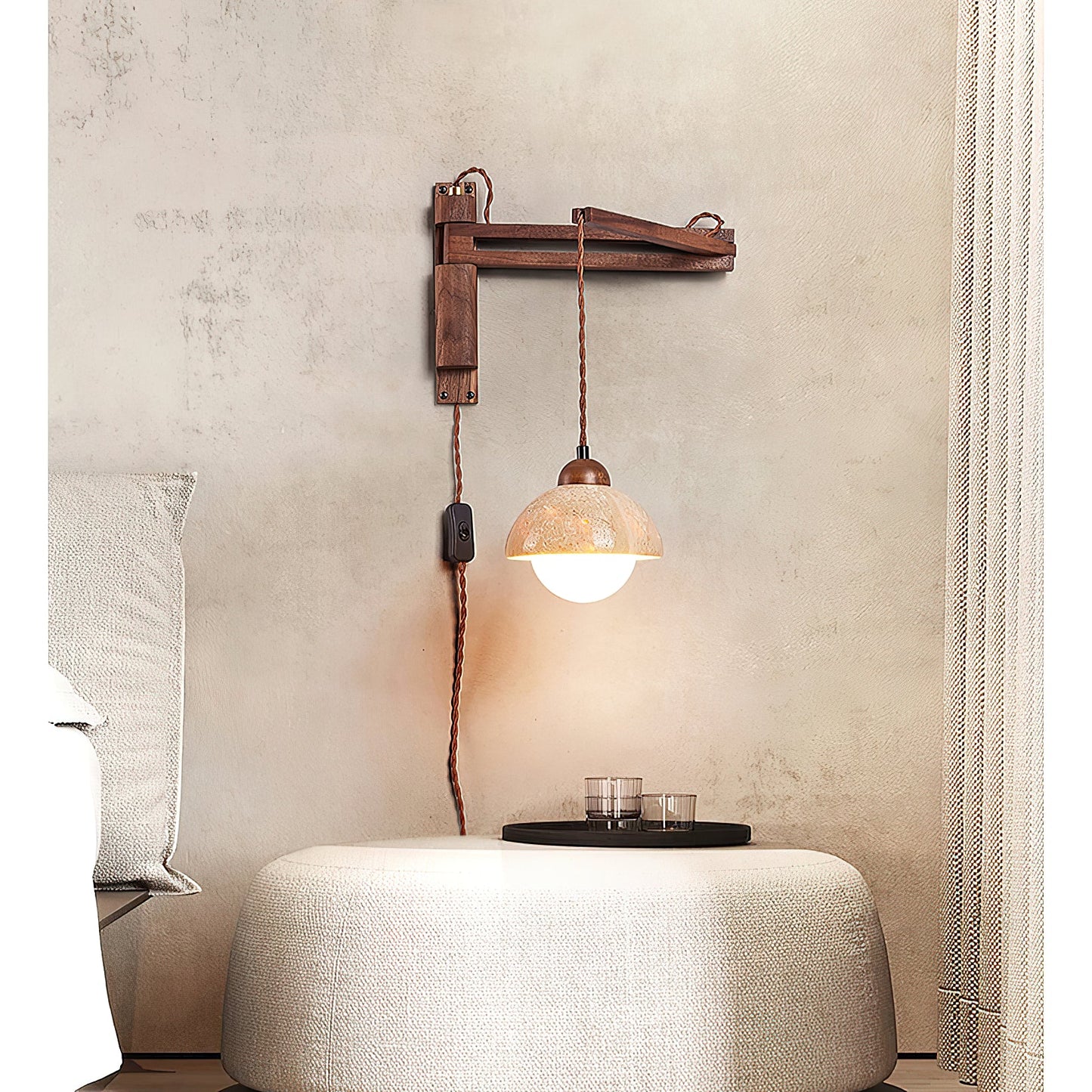 Tia Travertine Swing Arm Plug-in Sconce - Walnut Wood & Stone Wall Lamp | Adjustable Plug-In Reading Light