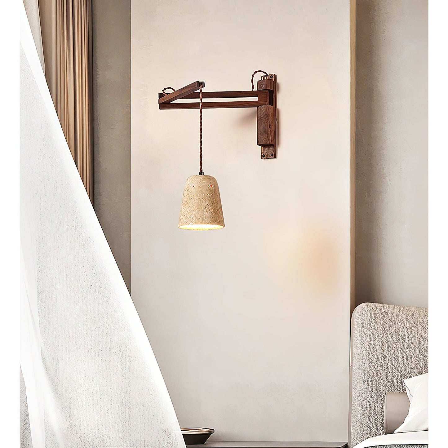 Tia Travertine Swing Arm Plug-in Sconce - Walnut Wood & Stone Wall Lamp | Adjustable Plug-In Reading Light