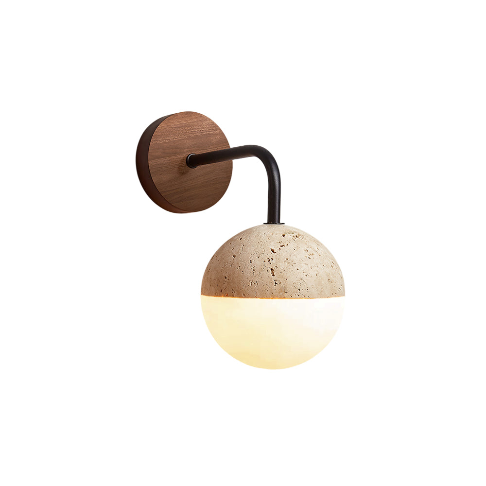 Tia Travertine Wall Lamp - Solid Wood & Natural Travertine Wall Sconce | Modern Organic Iron Arm Light
