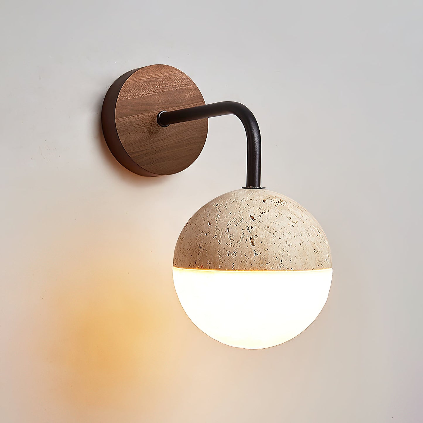 Tia Travertine Wall Lamp - Solid Wood & Natural Travertine Wall Sconce | Modern Organic Iron Arm Light