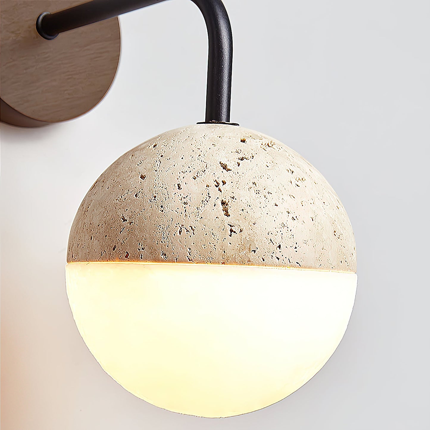 Tia Travertine Wall Lamp - Solid Wood & Natural Travertine Wall Sconce | Modern Organic Iron Arm Light