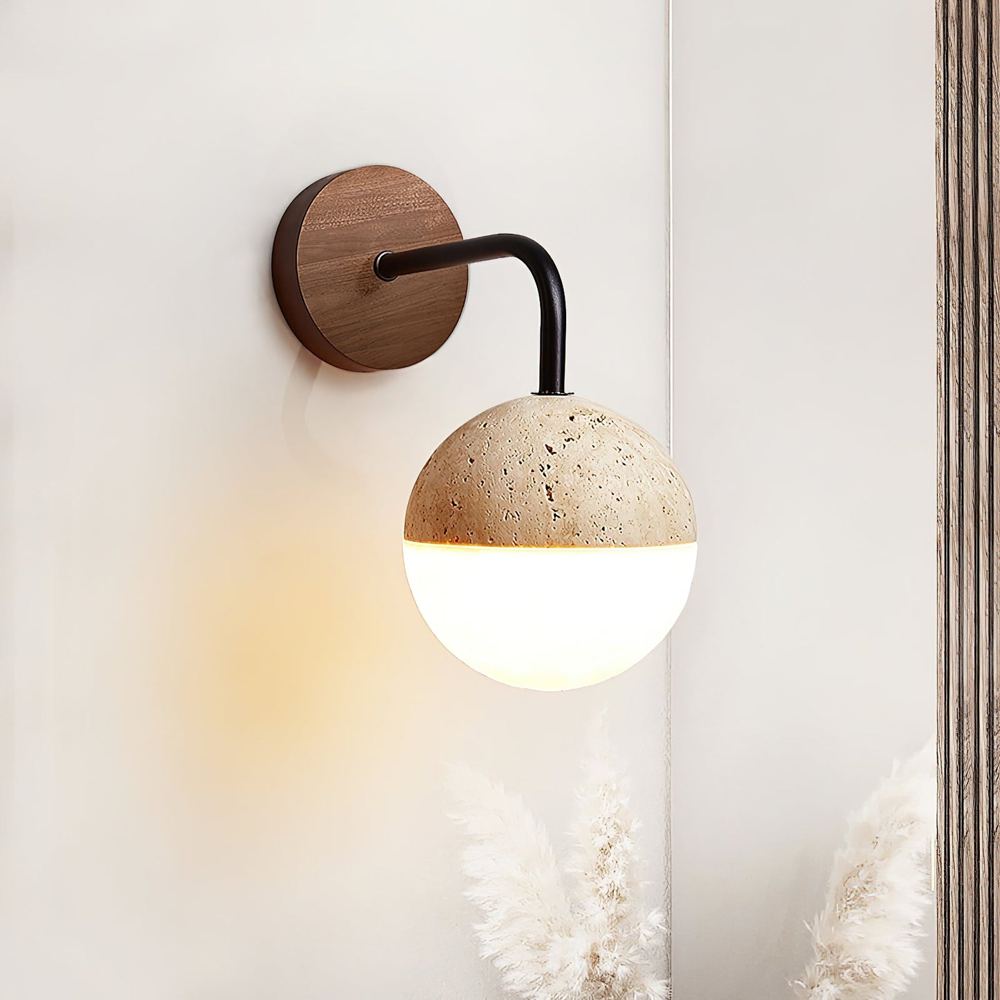 Tia Travertine Wall Lamp - Solid Wood & Natural Travertine Wall Sconce | Modern Organic Iron Arm Light