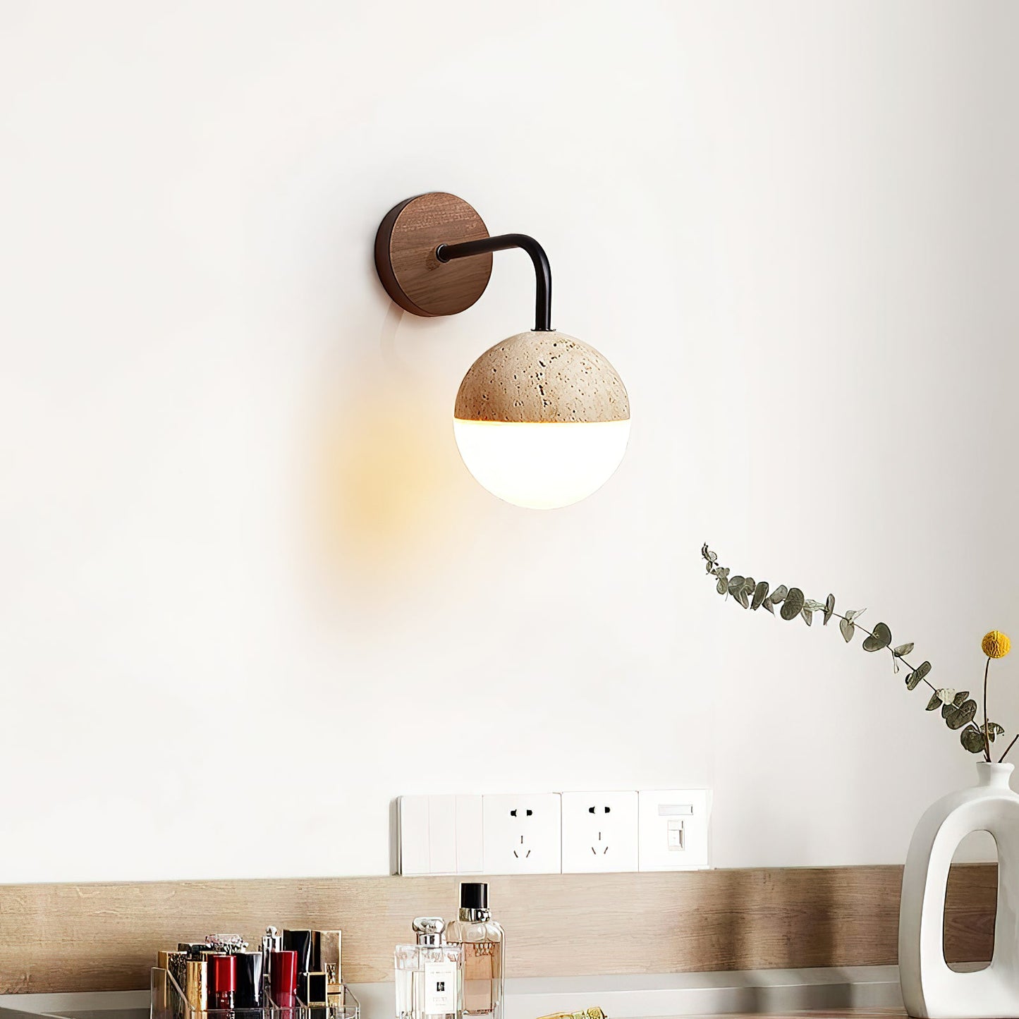 Tia Travertine Wall Lamp - Solid Wood & Natural Travertine Wall Sconce | Modern Organic Iron Arm Light