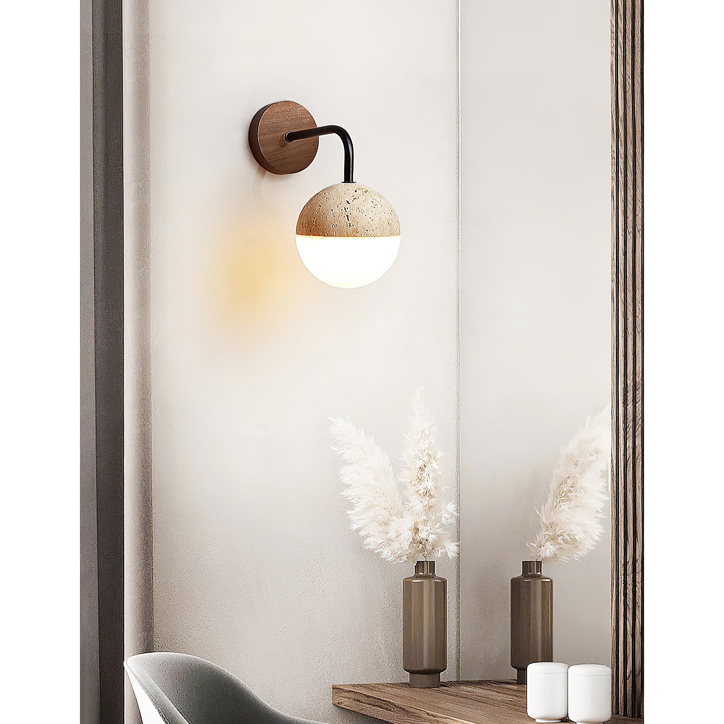 Tia Travertine Wall Lamp - Solid Wood & Natural Travertine Wall Sconce | Modern Organic Iron Arm Light