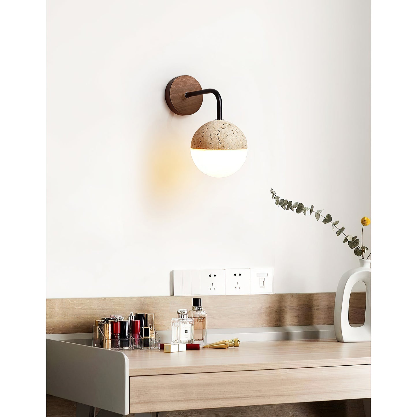 Tia Travertine Wall Lamp - Solid Wood & Natural Travertine Wall Sconce | Modern Organic Iron Arm Light